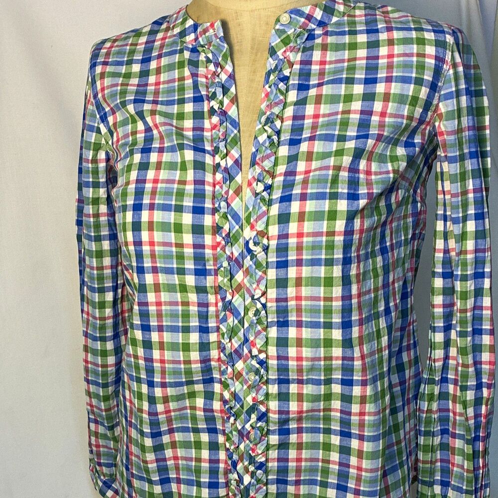 Talbots Women’s XS Multicolor Plaid Collared Long Sleeve Ruffle Button-Up